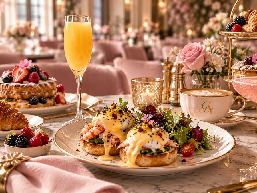 Eggs benedict with a mimosa, cappuccino and pastries on a marble table.