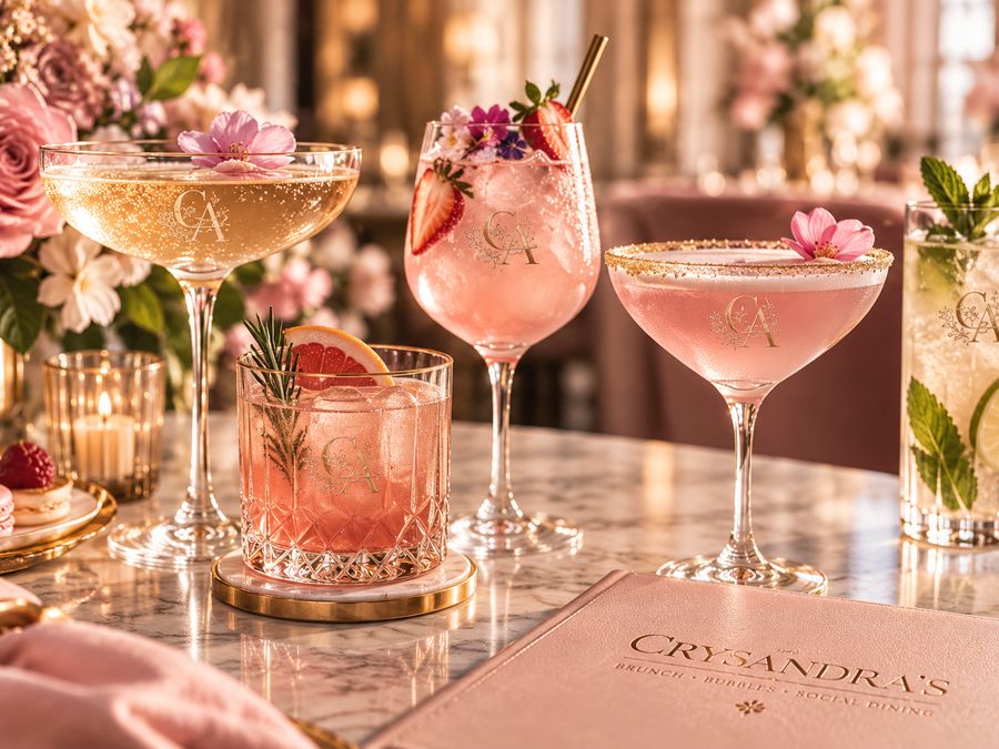 A champagne coupe, a garnished spritz, a blush cocktail and a tall highball on marble.