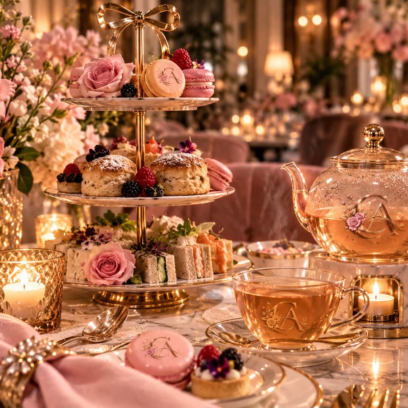 A tiered afternoon tea stand with scones, macarons and a glass teapot.