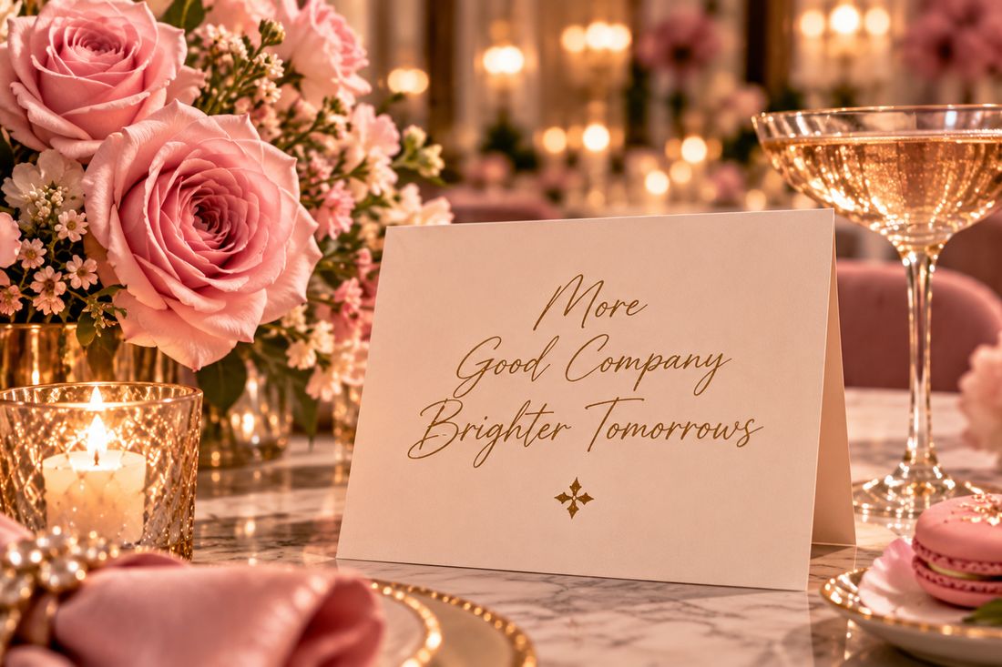 A table card reading &ldquo;More good company, brighter tomorrows&rdquo; beside a coupe glass.