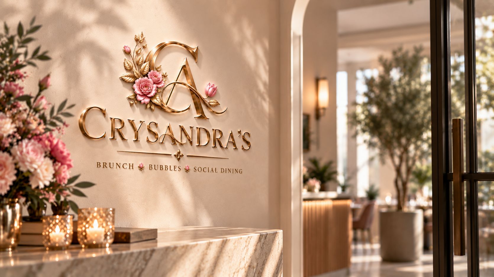 The entryway — the Crysandra&rsquo;s mark in gold on a sunlit plaster wall above a marble host stand, with roses and candlelight.