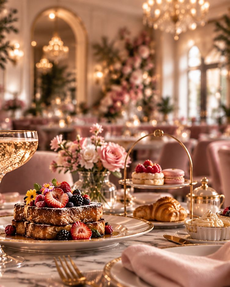 A brunch table at Crysandra's — berry-topped brioche, croissants and roses in candlelight.