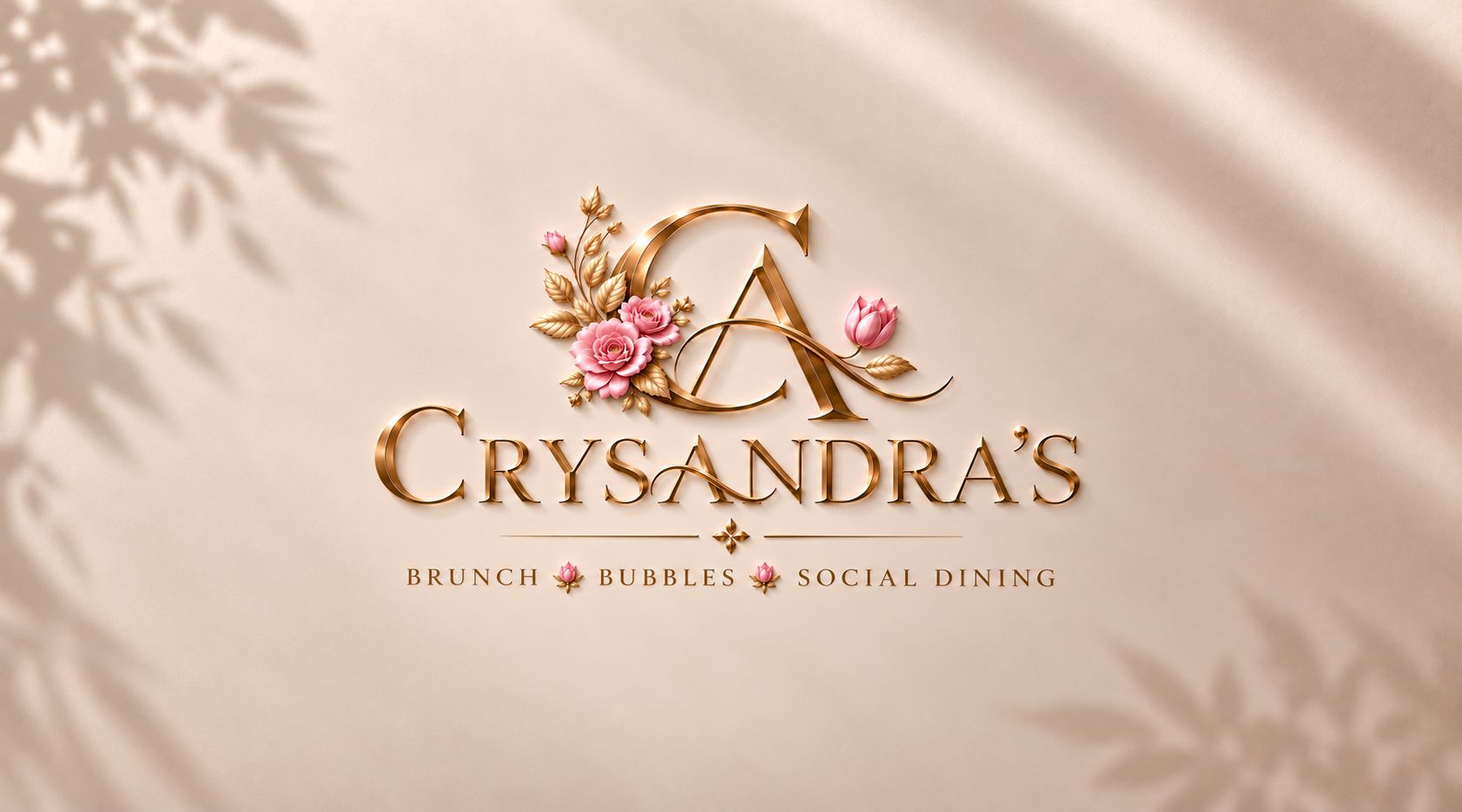 The Crysandra&rsquo;s mark &mdash; brunch, bubbles, social dining &mdash; in gold on a sunlit plaster wall.