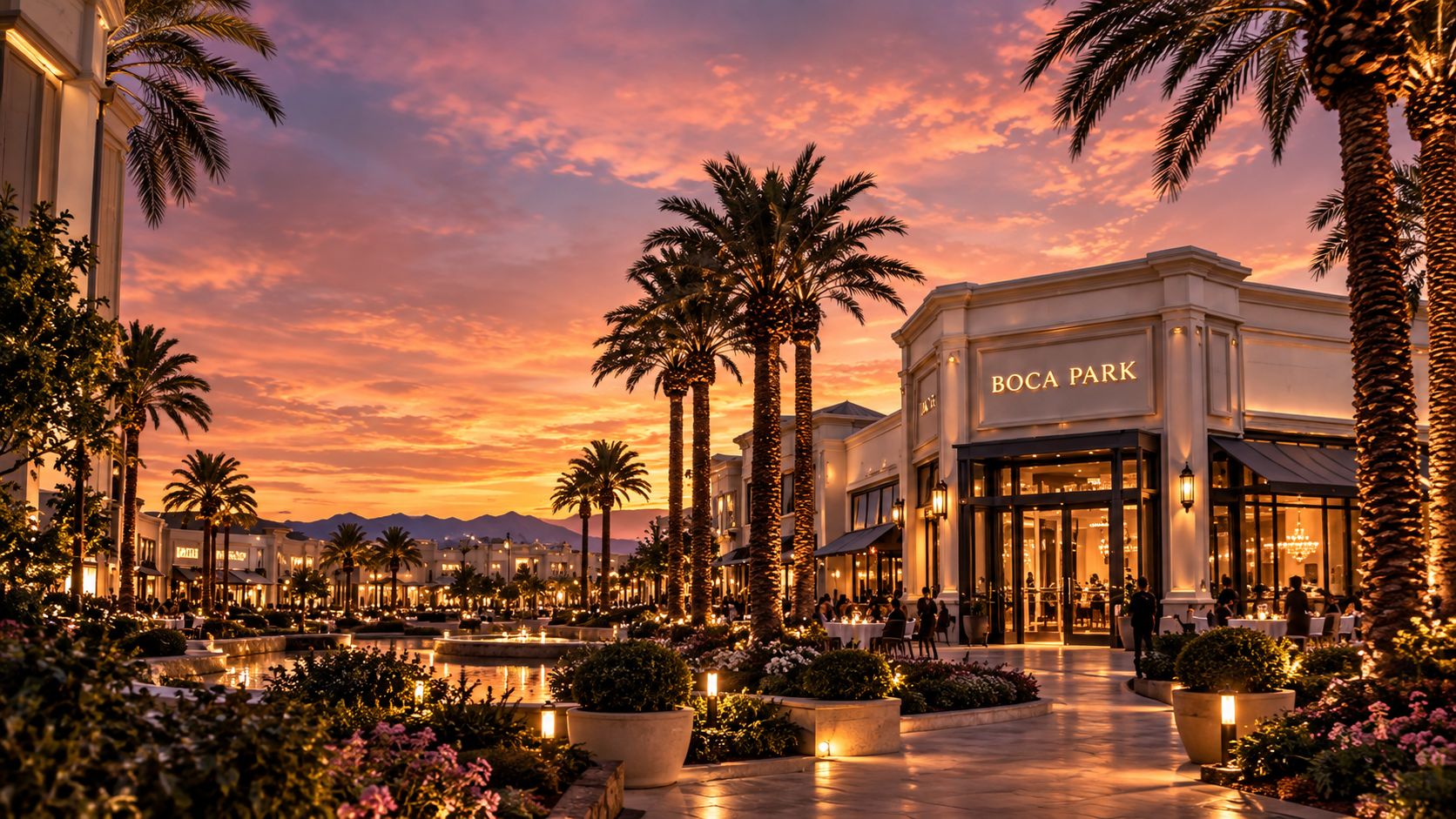 Boca Park in Summerlin at sunset, palms lit against a pink sky.
