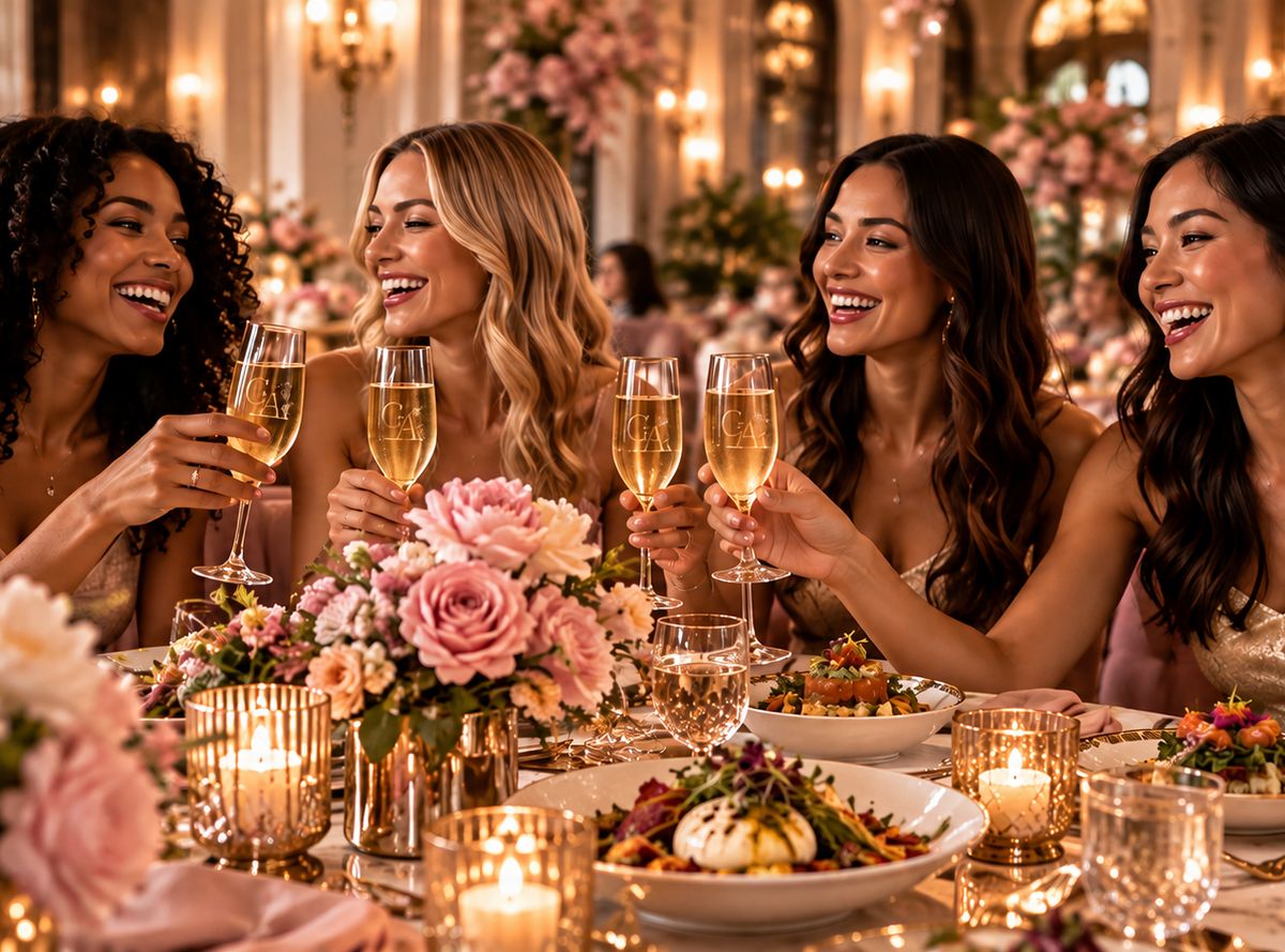 Four friends laughing and raising champagne flutes across a candlelit table.