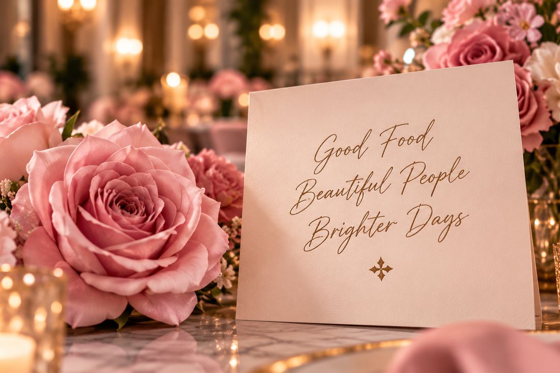 A card reading &ldquo;Good food, beautiful people, brighter days&rdquo; beside blush roses and candlelight.